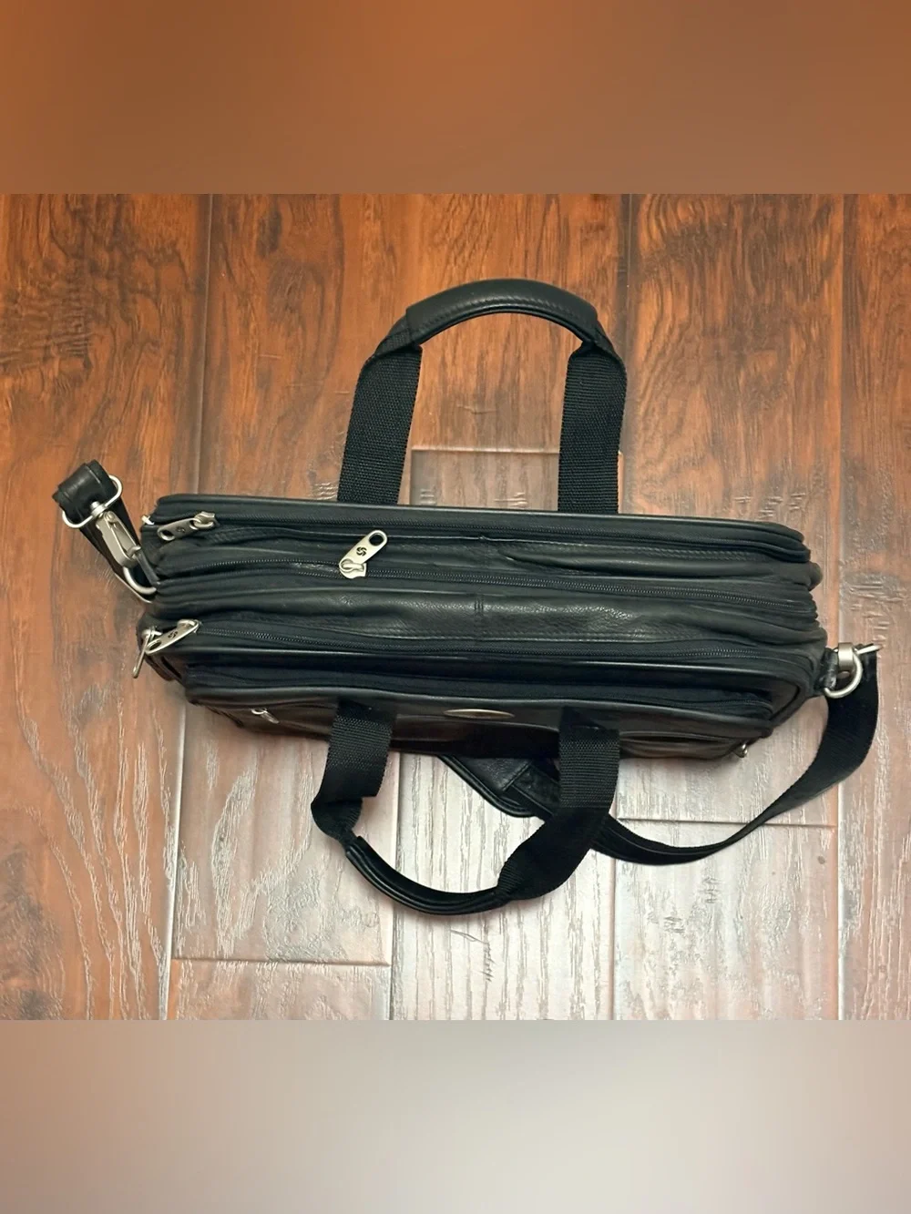 Samsonite Black Leather Expandable Business Briefcase Laptop Bag Shoulder Strap